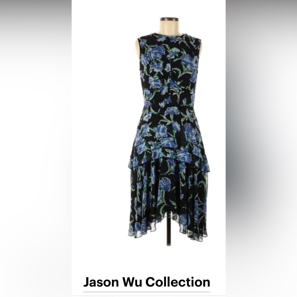 Jason Wu Collection Sleeveless Floral Print Midi Dress with Pleating Detail sz 6